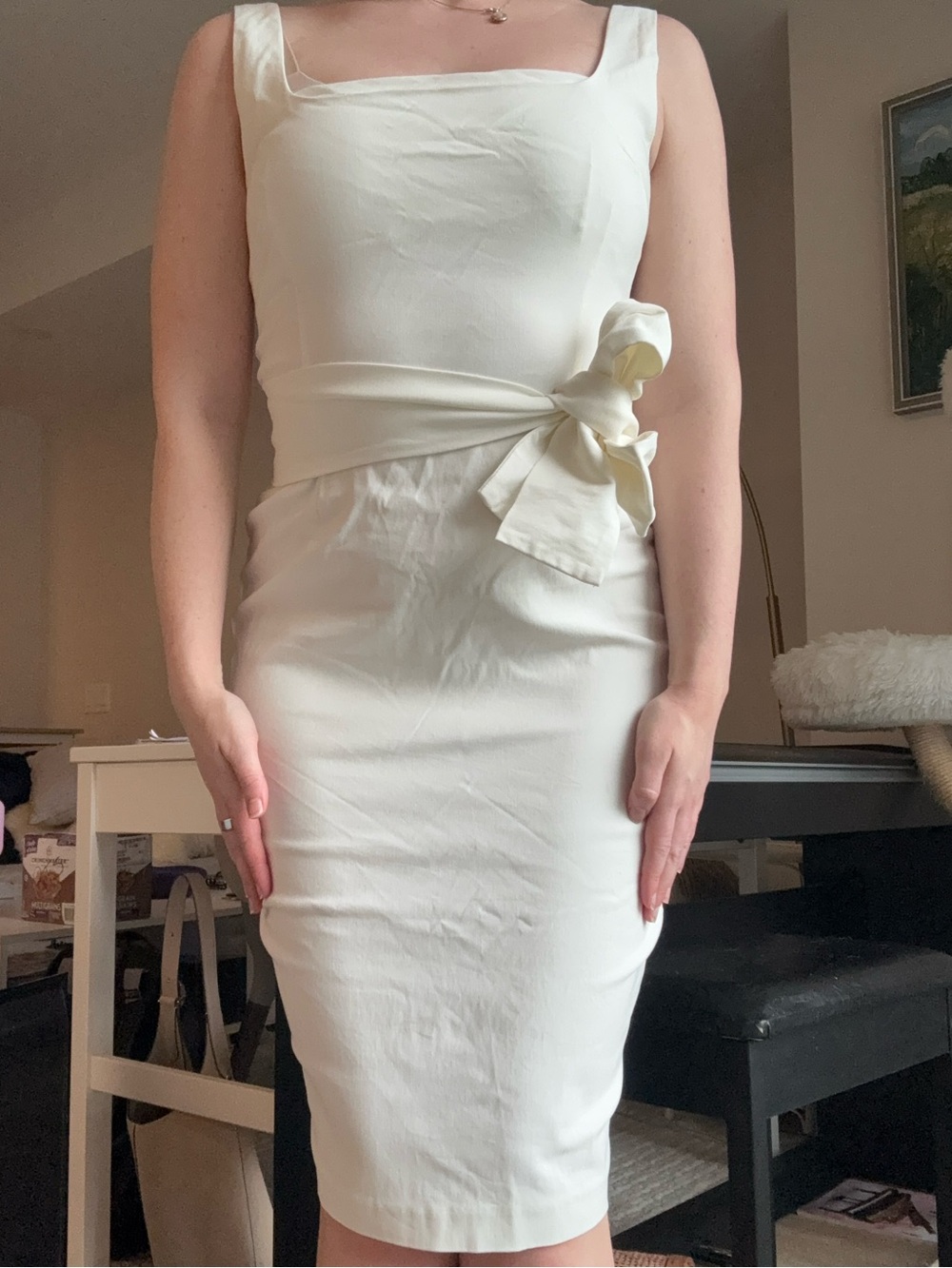 Elegant Cream Square-Neck Sheath Dress with Waist Tie